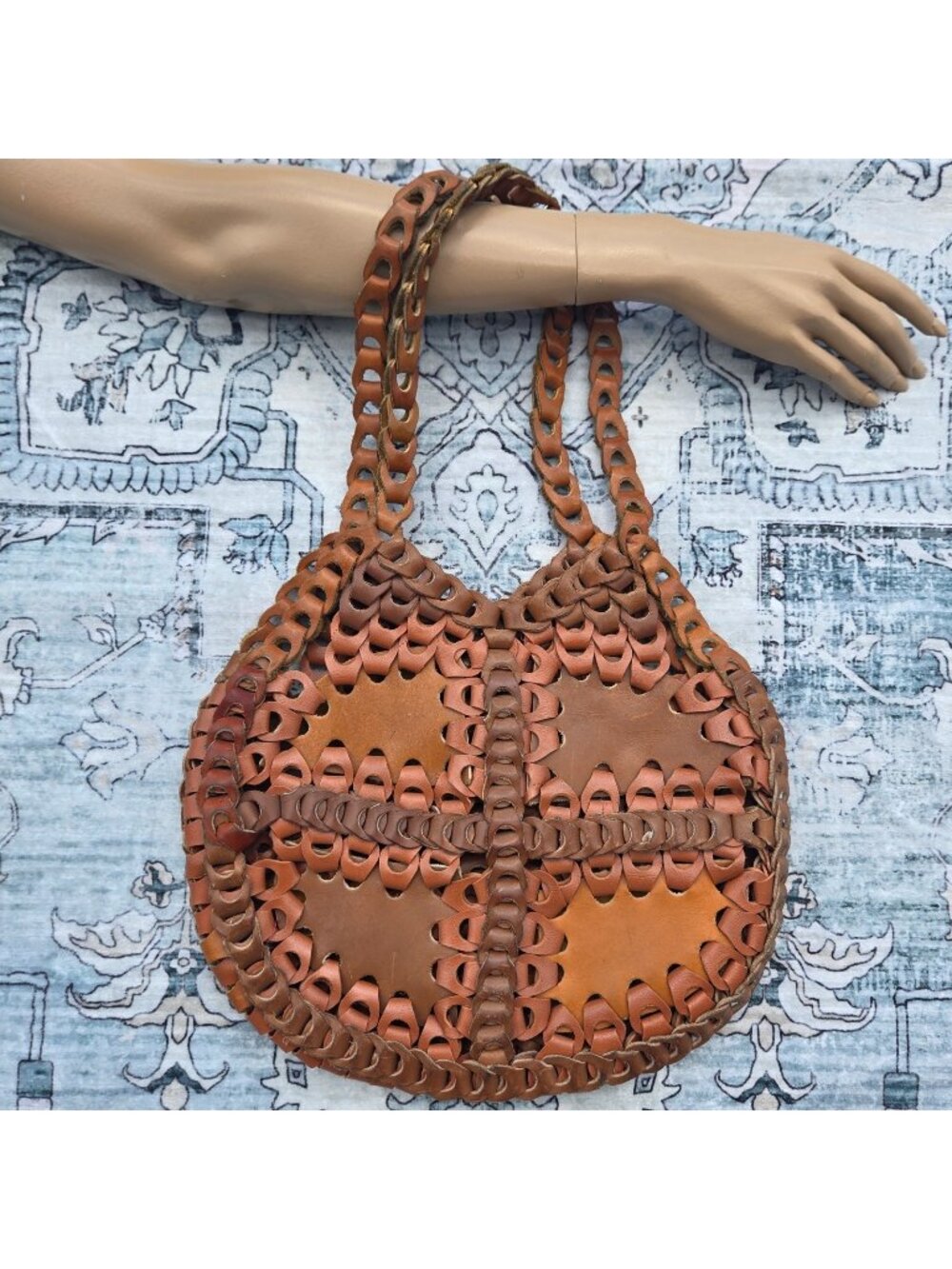 Vintage 70s Woven Leather shoulder Bag Boho Hippie Tan Brown Macrame Handmade